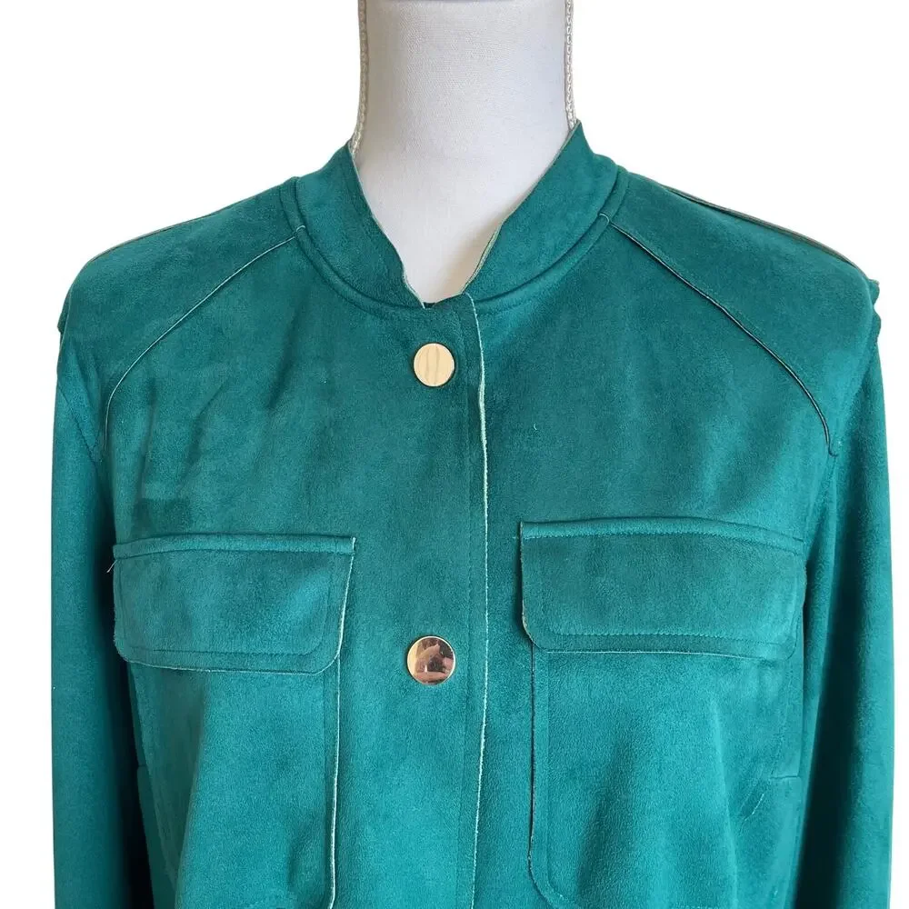 Chico's Jacket Women's Size 2 Large 12/14 Turquoise Faux Suede Gold Buttons
